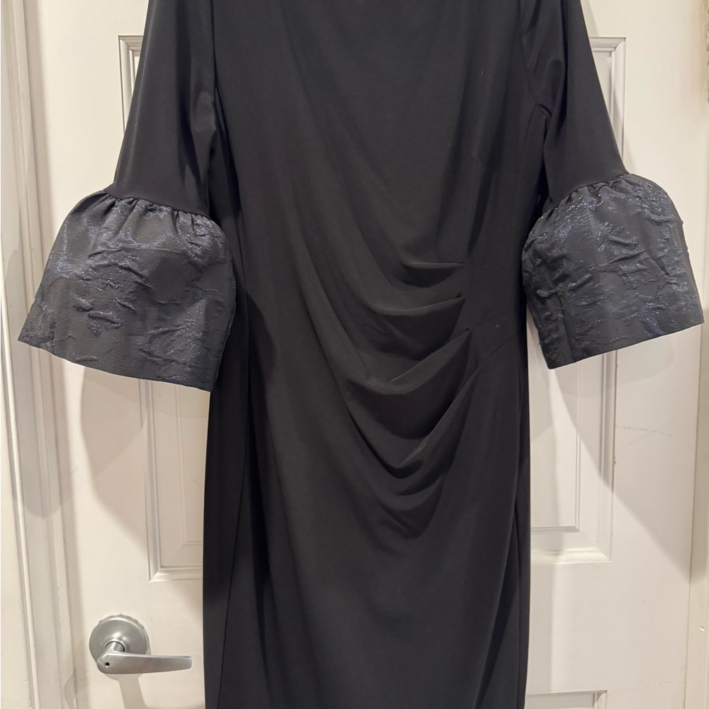 Elegant Black Dress with Textured Sleeves By Ralph Lauren
